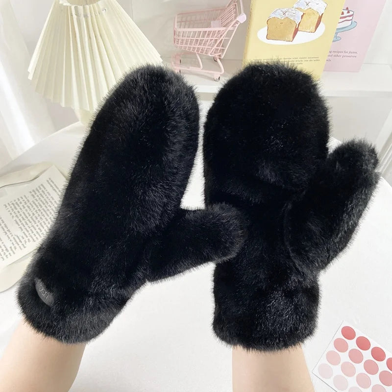 Gants d'hiver en fausse fourrure pour femme, épais et coupe-vent